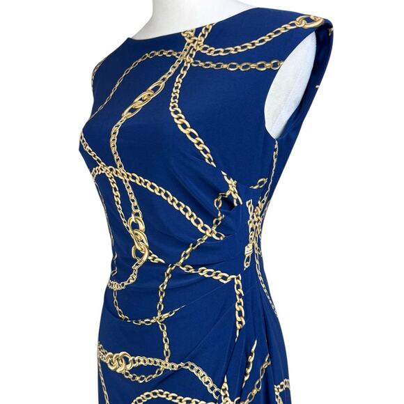 Lauren Ralph Lauren Navy Blue Gold Chain Print Sleeveless Jersey Stretch Dress - Picture 5 of 11